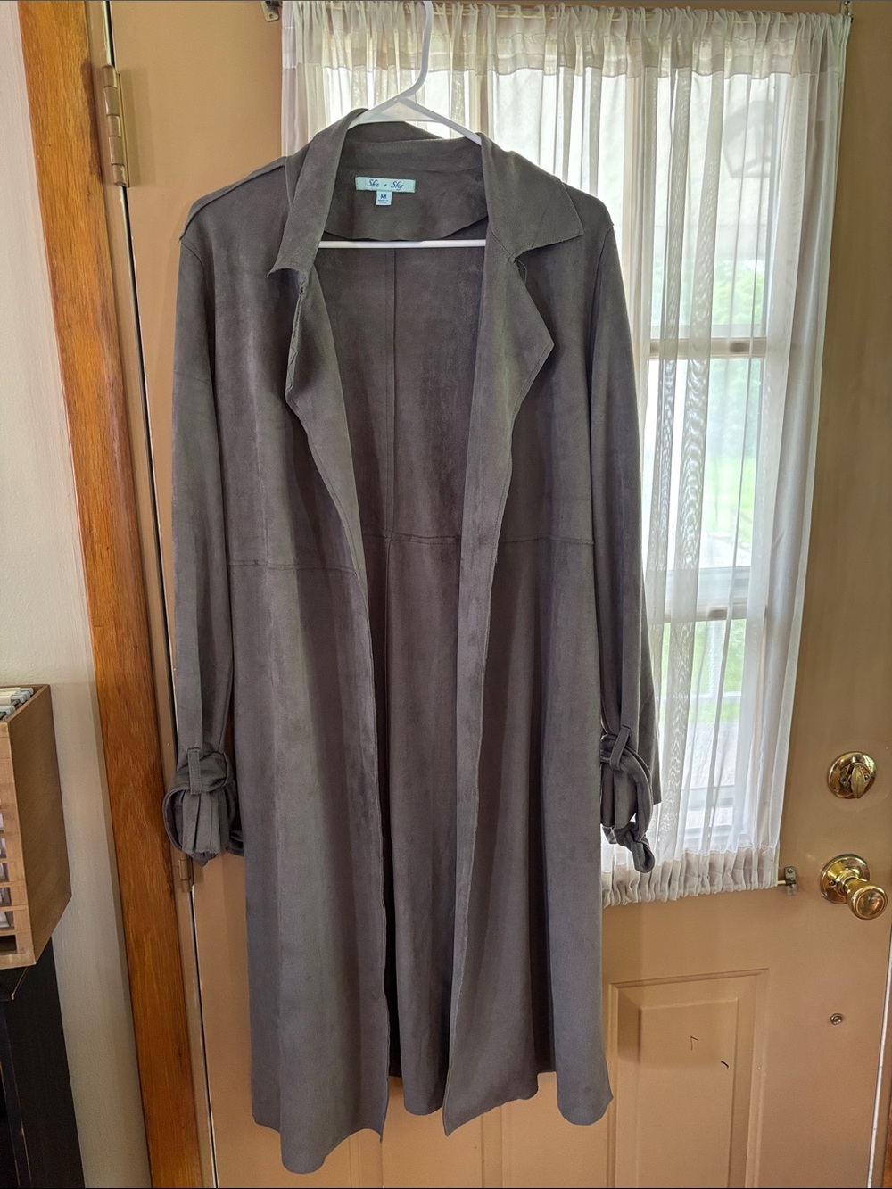 Suede-Feel Gray Open Trench Coat with Tied Cuffs